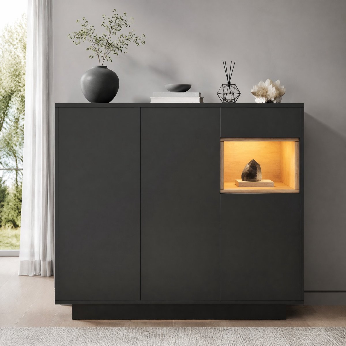 REDOM - Schoenenkast - Verstelbare legplanken - Ingebouwde LED-verlichting met 16 kleuren - Lade - Moderne stijl - Hal - Spaanplaat - Zwart en Natuurlijk - 105 x 39,5 x 100,5 cm
