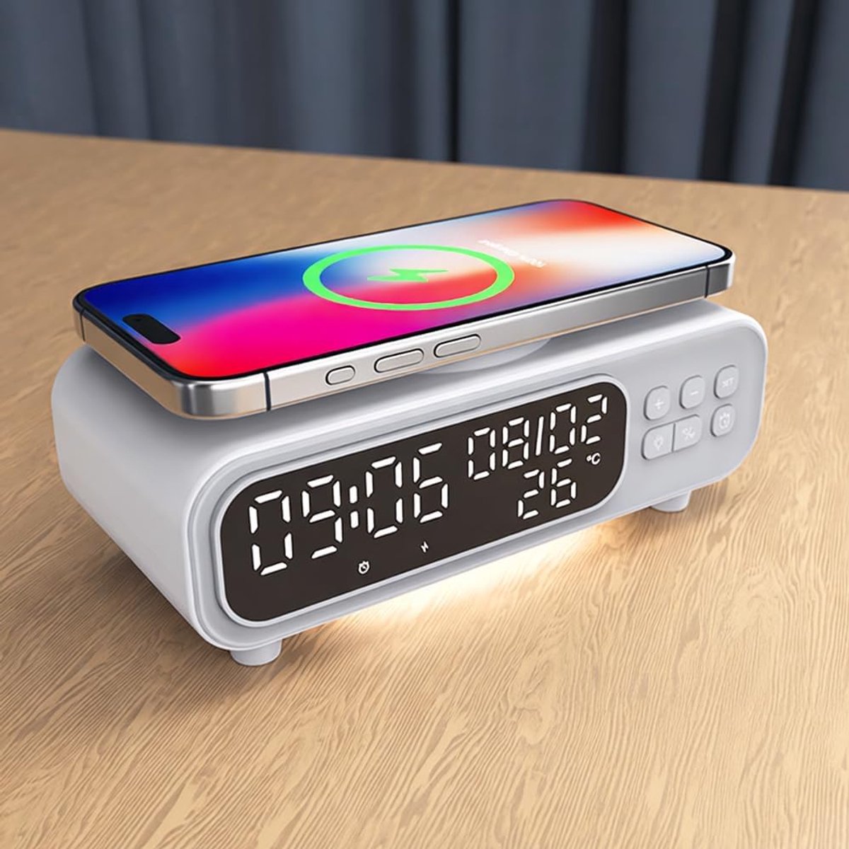 5-in-1 Wekker met Draadloos Opladen, 15W Snellader voor Telefoon en Hoofdtelefoon, LED-display met Datum en Temperatuur, Dimbaar Nachtlampje voor Slaapkamer en Kantoor