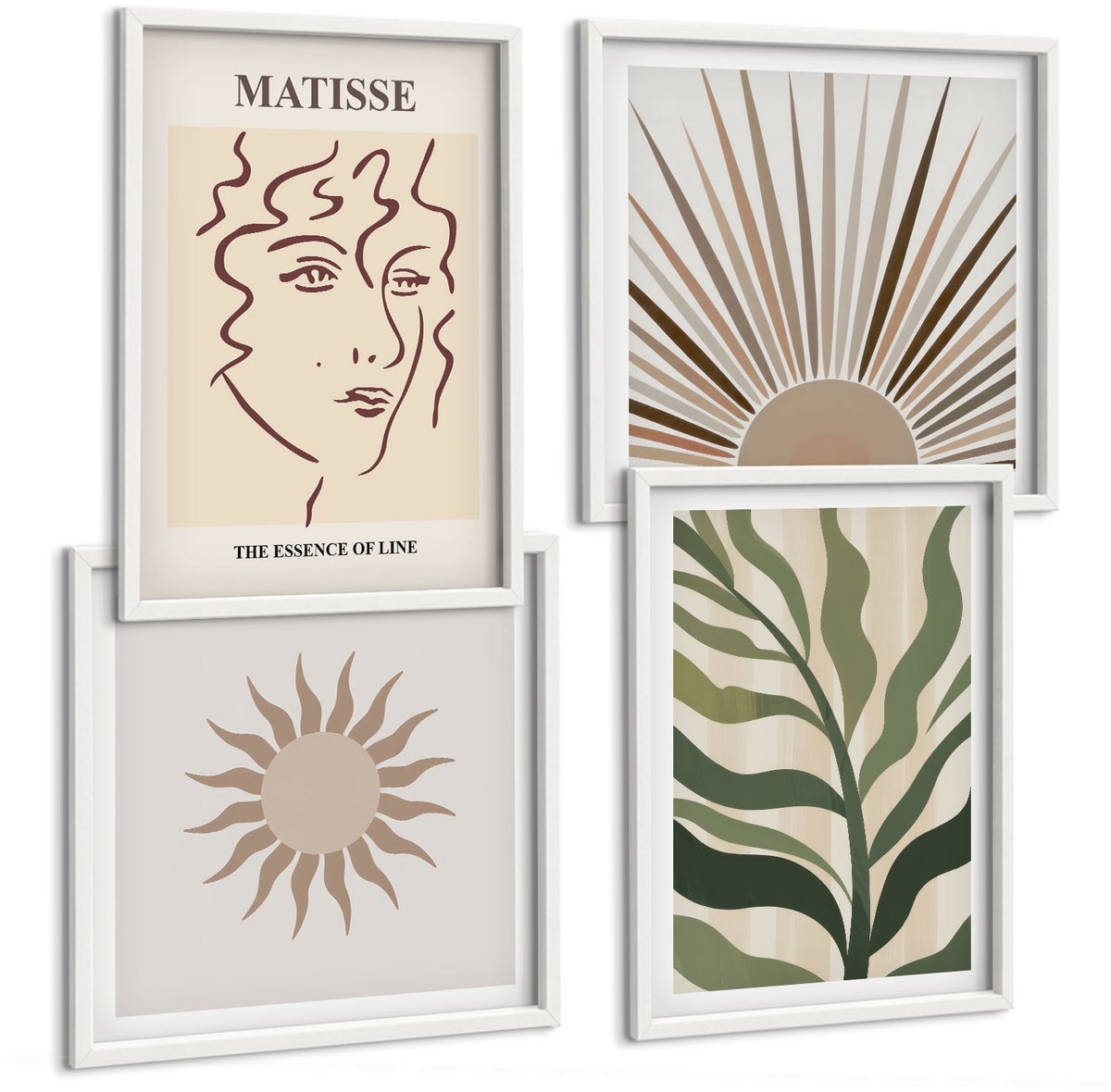 Wallfluent 4-Delige Schilderij Set - Abstracte Plantpatronen En Lijnen In Gedempte Kleuren. - 40 x 40 En 40 x 60 - Decoratieve Schilderijen - Wanddecoratie - Hal - Interieur Decoratie