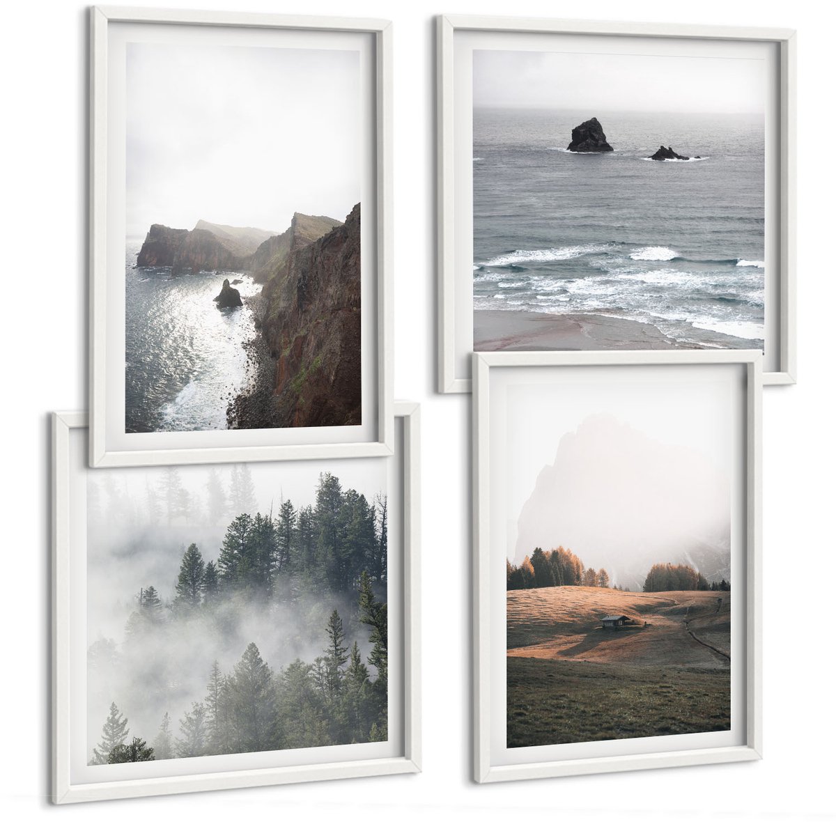 Wallfluent 4-Delige Schilderij Set - Berg- En Zeelandschappen Met Wolken En Bossen - 40 x 40 En 40 x 60 - Muurdecoratie - Wanddecoratie - Hal - Moderne Wanddecoratie