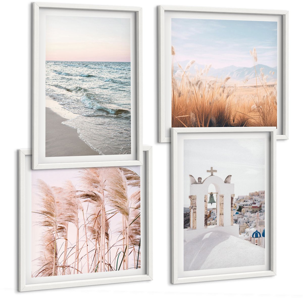 Wallfluent 4-Delige Schilderij Set - Zeeplanten, Zeegolven, Uitzicht Op De Witte Huizen - 40 x 40 En 40 x 60 - Wanddecoratie - Moderne Interieurdecoratie - Interieur Decoratie