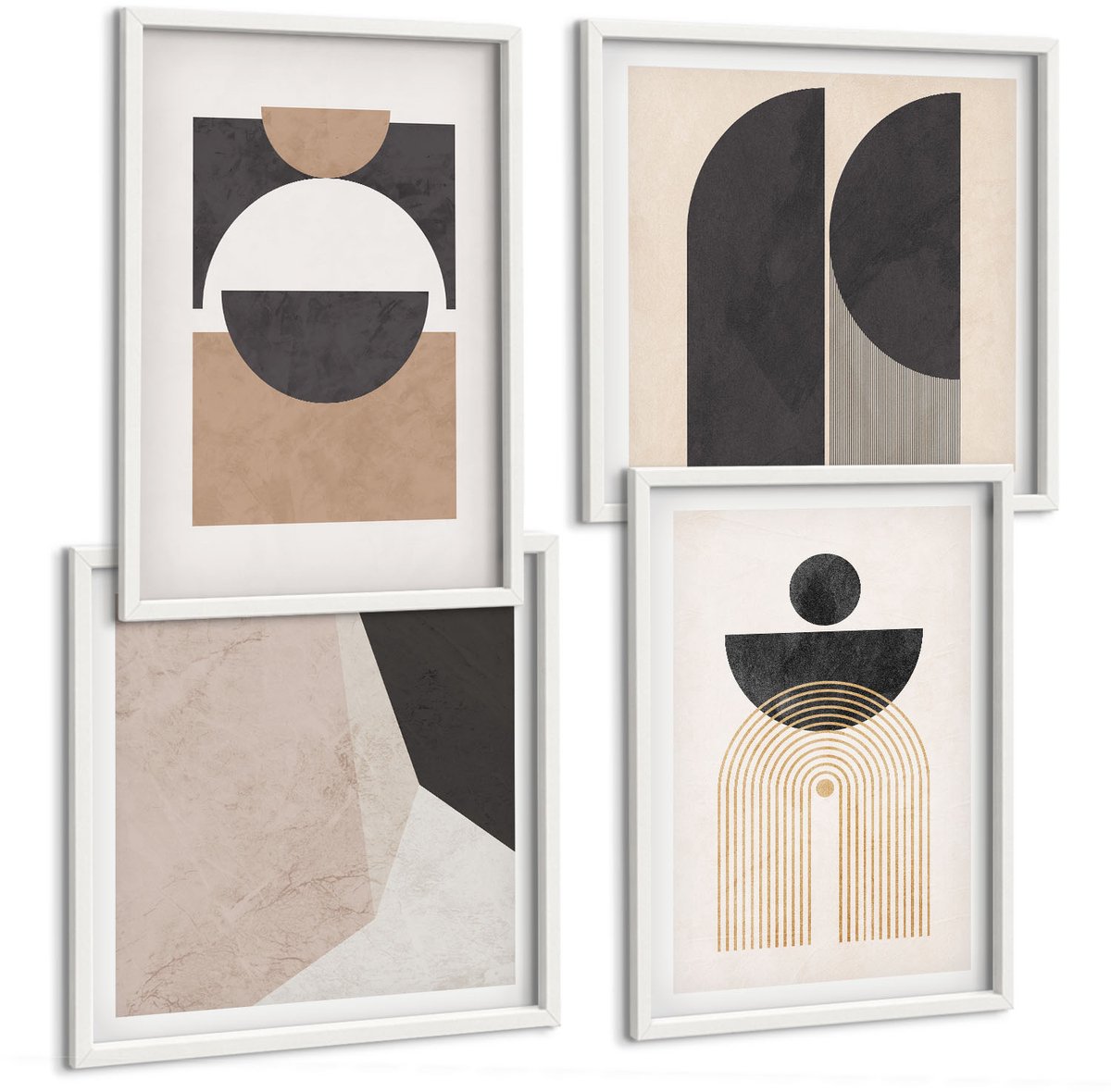 Wallfluent 4-Delige Schilderij Set - Abstracte Vormen In Beige En Bruine Tinten. - 40 x 40 En 40 x 60 - Decoratieve Muurdecoratie - Slaapkamer - Interieur Decoratie