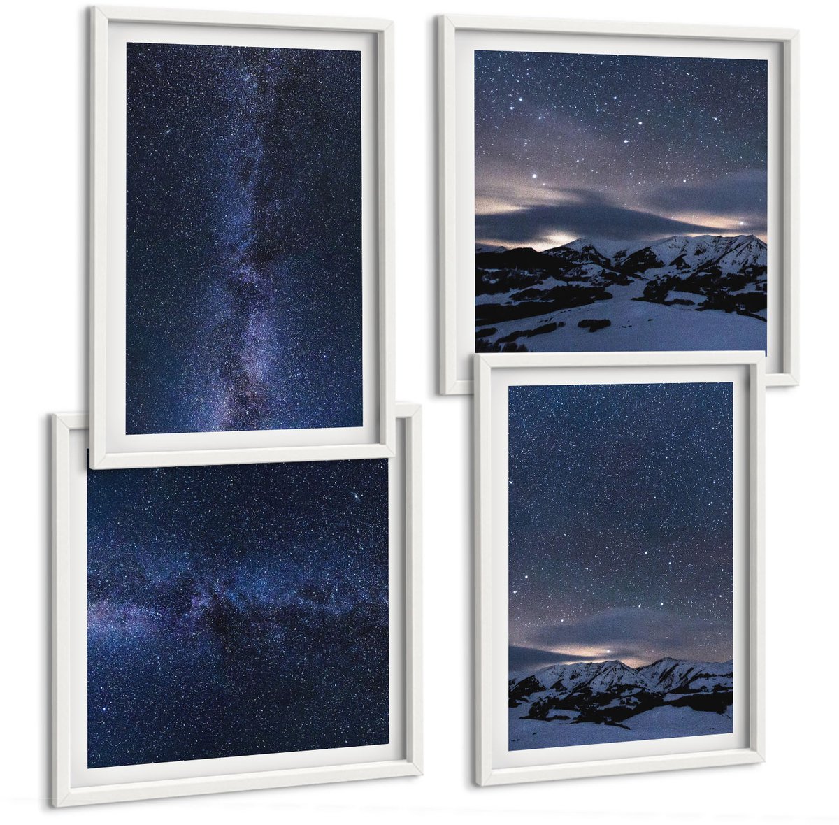Wallfluent 4-Delige Schilderij Set - Nachtelijke Hemel Met Sterren En Berglandschap - 40 x 40 En 40 x 60 - Decoratieve Muurdecoratie - Slaapkamer - Wanddecoratie