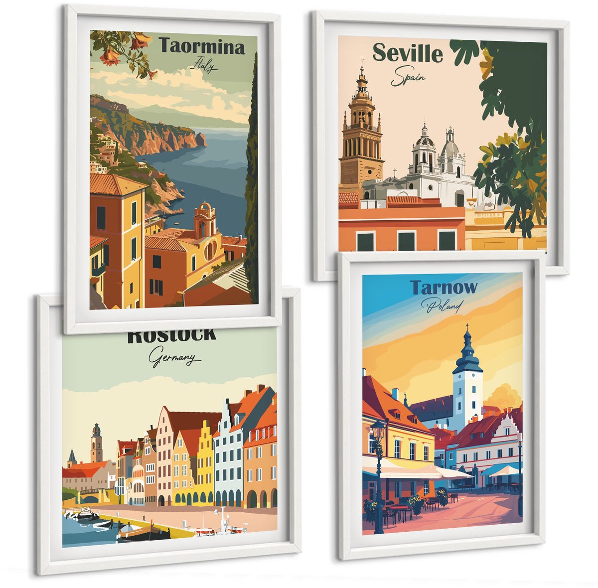 Wallfluent 4-Delige Schilderij Set - Uitzichten Op Kuststeden En Hun Architectuur - 40 x 40 En 40 x 60 - Decoratieve Muurdecoratie - Slaapkamer - Woonkamer Decoratie