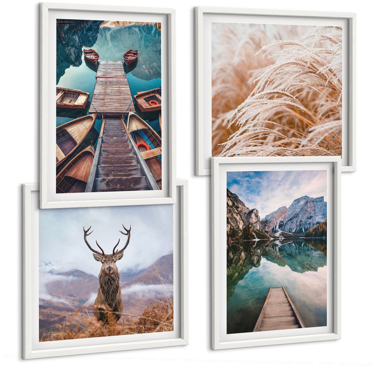 Wallfluent 4-Delige Schilderij Set - Meer Met Boten, Herten En Berglandschap - 40 x 40 En 40 x 60 - Muurdecoratie - Wanddecoratie - Hal