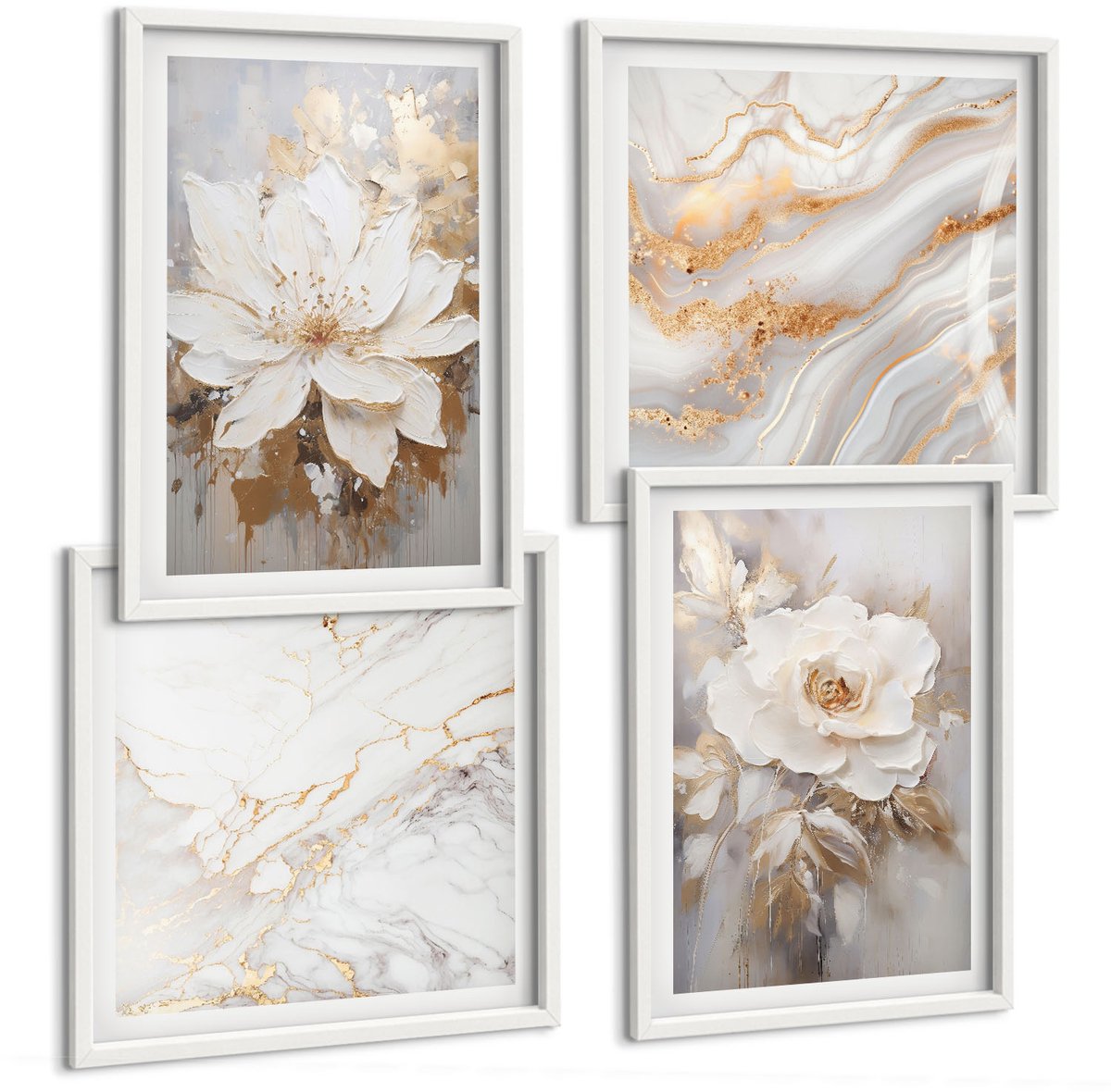 Wallfluent 4-Delige Schilderij Set - Bloemen Op Een Lichte Achtergrond Met Abstracte Marmerpatronen. - 40 x 40 En 40 x 60 - Decoratieve Schilderijen - Woonkamer - Interieur - Stijlvolle Muurdecoratie