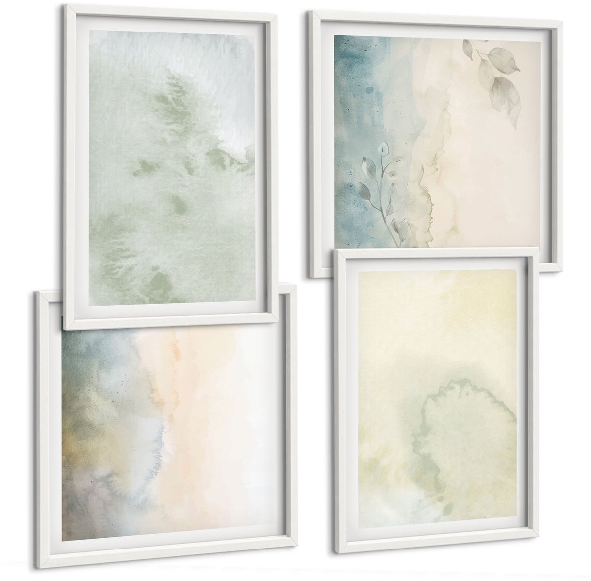 Wallfluent 4-Delige Schilderij Set - Pastelkleurige Aquarelverf Op Canvastextuur - 40 x 40 En 40 x 60 - Muurdecoratie - Wanddecoratie - Hal - Moderne Wanddecoratie