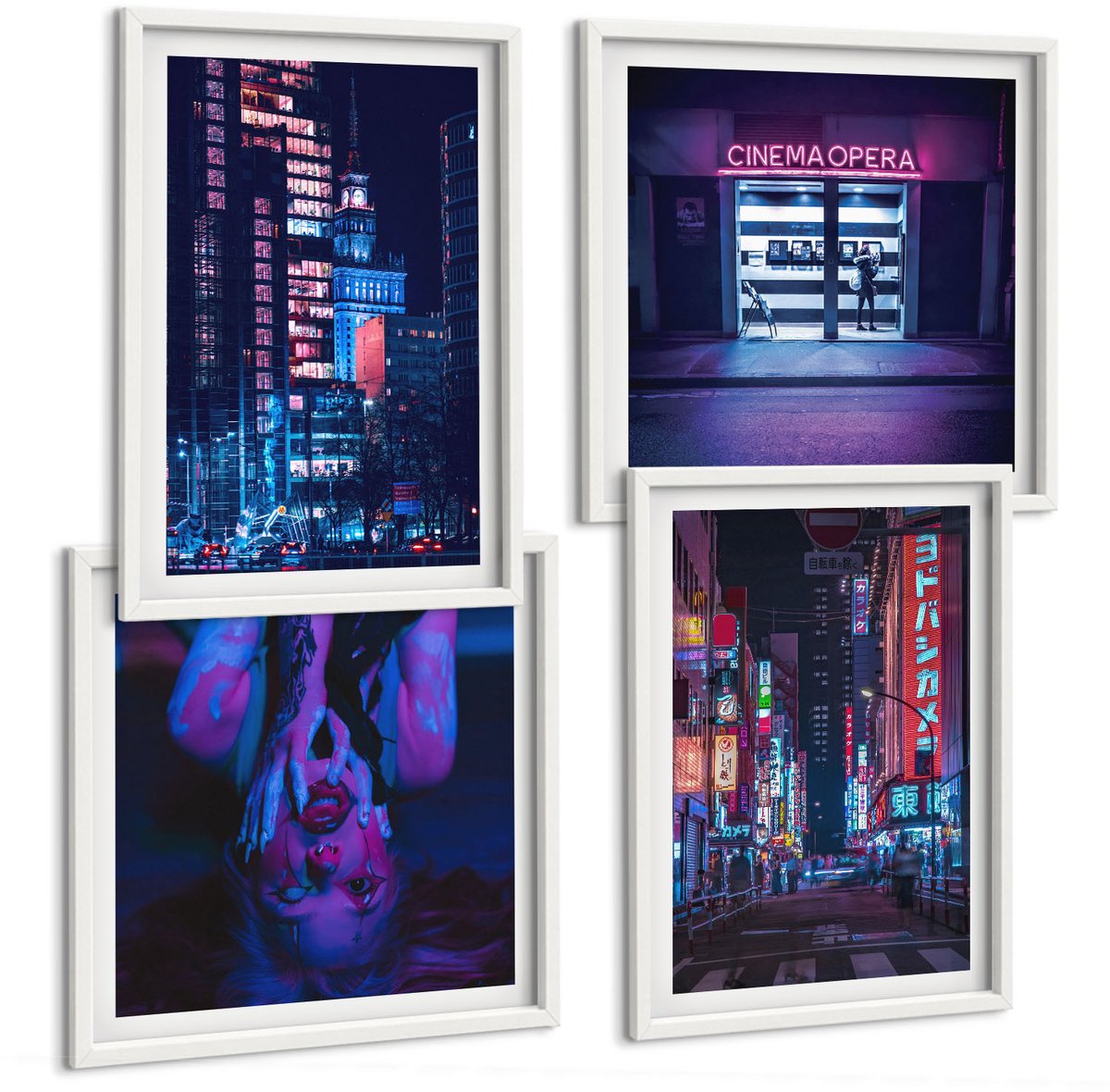 Wallfluent 4-Delige Schilderij Set - Nachtstad Met Neonlichten En Bioscoopingang - 40 x 40 En 40 x 60 - Moderne Wanddecoratie - Slaapkamer - Decoratieve Schilderijen