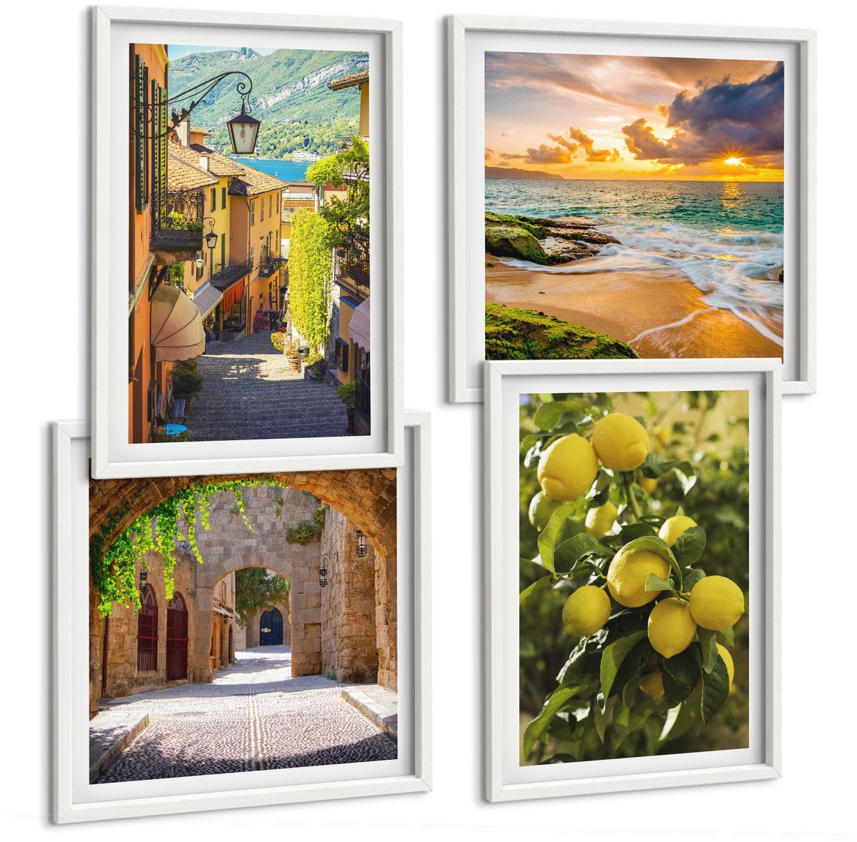 Wallfluent 4-Delige Schilderij Set - Schilderachtige Straatjes, Zee, Strand En Citrusbomen. - 40 x 40 En 40 x 60 - Muurdecoratie - Wanddecoratie - Hal - Moderne Wanddecoratie