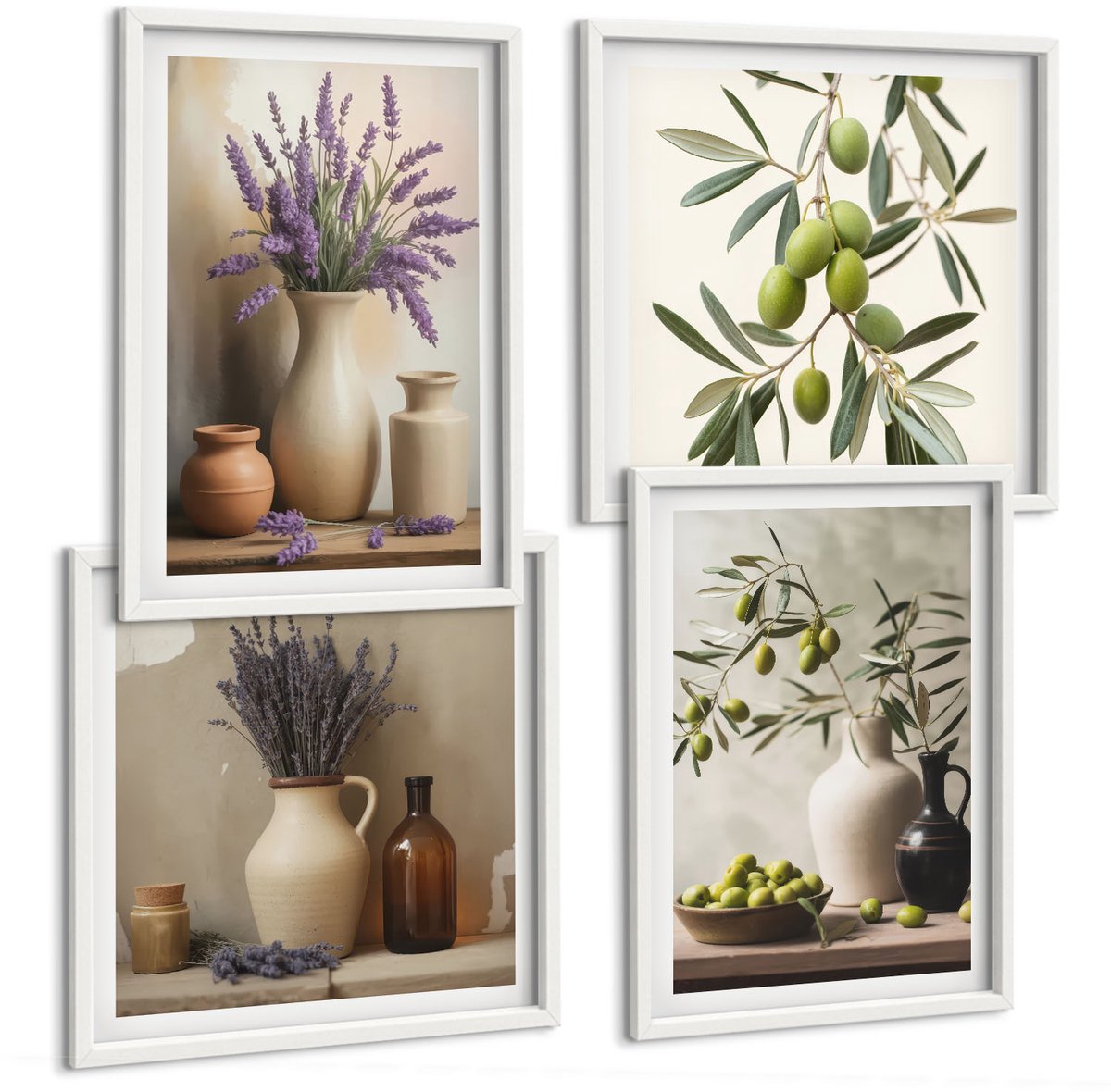 Wallfluent 4-Delige Schilderij Set - Bloemen In Vazen, Olijven En Natuurlijke Decoraties. - 40 x 40 En 40 x 60 - Muurdecoratie - Schilderijen Set - Woonkamer - Decoratieve Schilderijen