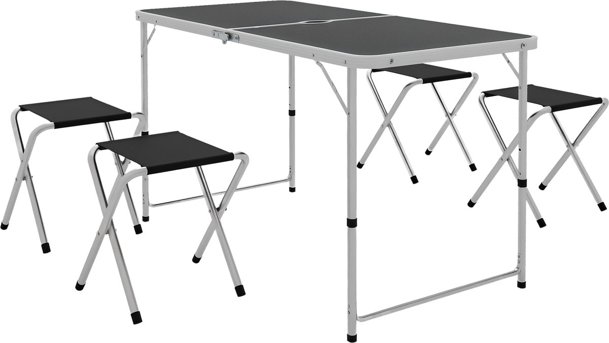 Opklapbare campingtafel in kofferstijl met 4 opklapbare krukjes, tafel 120x60x55-70 cm en krukjes 33x28x37 cm, zwart