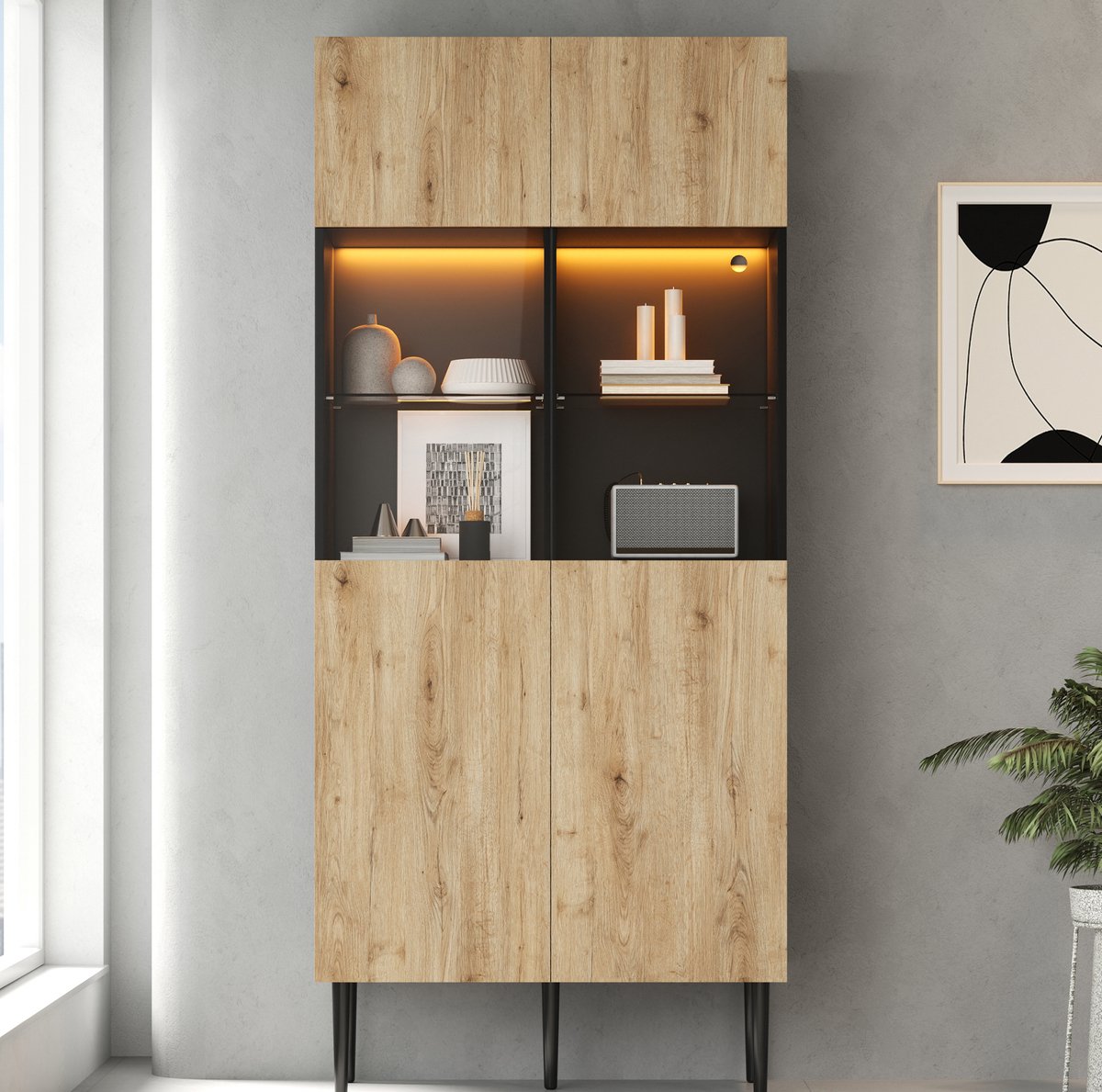 MODFU - Vitrinekast - LED-Verlichting - Glazen Deuren - Zwart En Naturel - 80 X 35 X 180 Cm