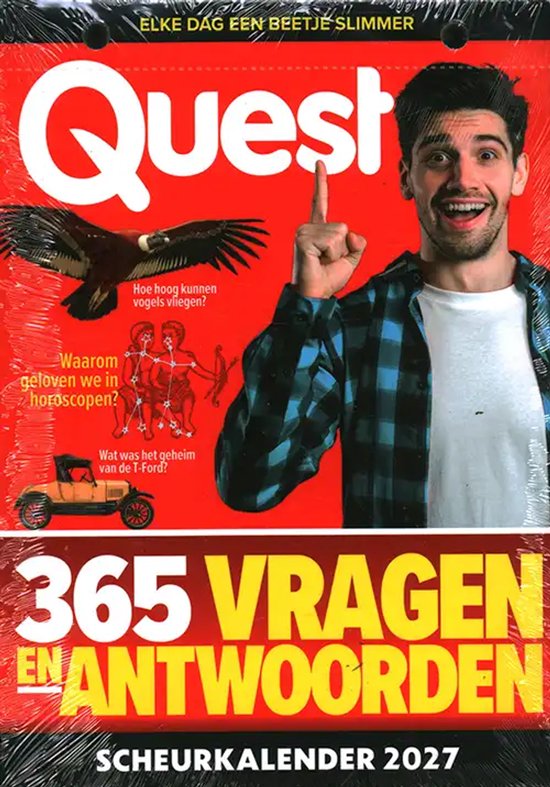 Quest scheurkalender 2027 met een man met een blauw-zwart geruite blouse, die wijst naar de tekst. Met afbeeldingen van een vogel en de dierenriem.