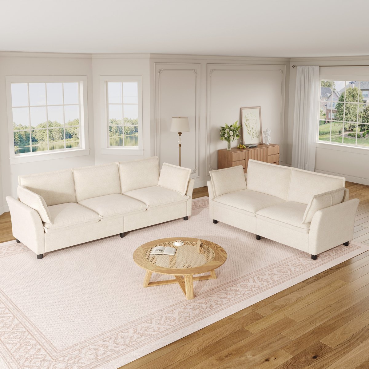 5-Zitsbank, 3-2 Bankcombinatie, Modulaire Bankenset, Vrij Combineerbaar, Woonkamer Bank, Chenille Stof, 3-Zits + 2-Zits, Met Kussens, Zacht Gestoffeerd, Cloud Comfort, Modern Design, Beige