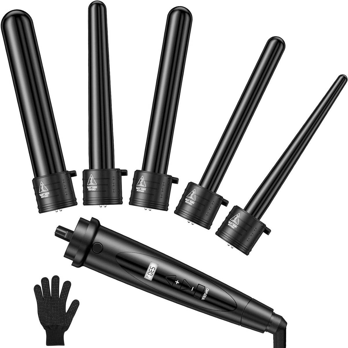 Krultang Set - Haarstyling Tool - Verschillende Krullen - 5 Verwisselbare Opzetstukken - 286 cm - Zwart
