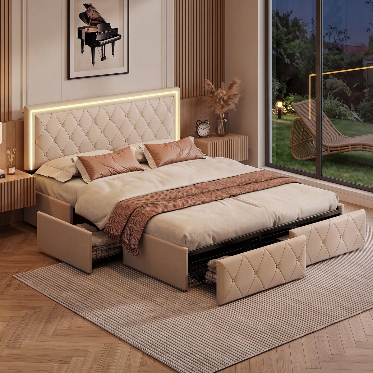 MEXUS Gestoffeerd Bed 160x200 cm met LED-verlichting, Tweepersoonsbed met opbergruimte en lattenbodem, Opbergbed, Jongerenbed, bedframe met 4 laden, PU beige, zonder matras
