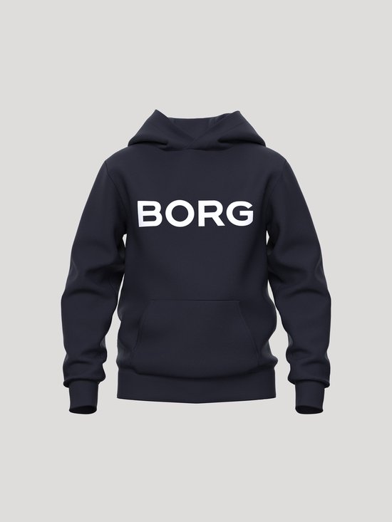 Hoodie bleu marine avec inscription blanche 'BORG' sur le devant. Capuche et poche kangourou.