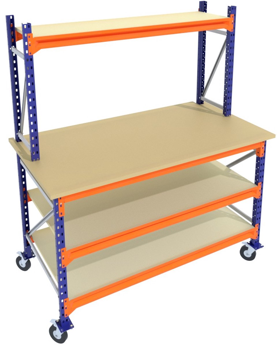 Werkbank of Inpaktafel op wielen met opbouw Blauw 150cmx85cm - 3 niveaus (multiplex, 1 opbouw, zwarte wielen)