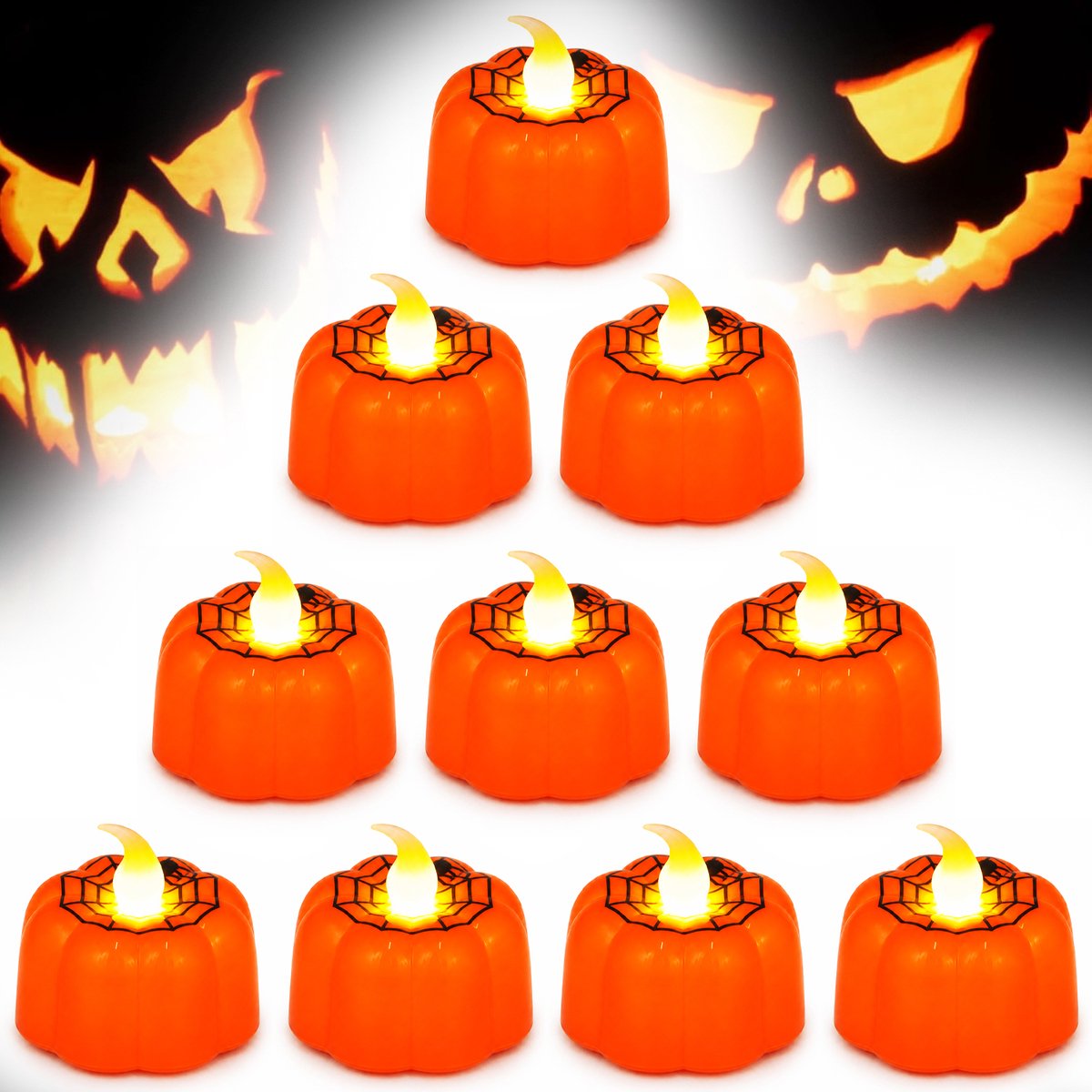 Set van 10 LED-pompoenlampjes voor Halloween – Oranje LED-pompoenlampjes met flikkereffect - werken op batterijen - ideaal als feestdecoratie en versiering