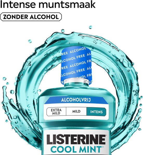Listerine Cool Mint mondspoeling zonder alcohol, met een intens muntaroma en een water splash.