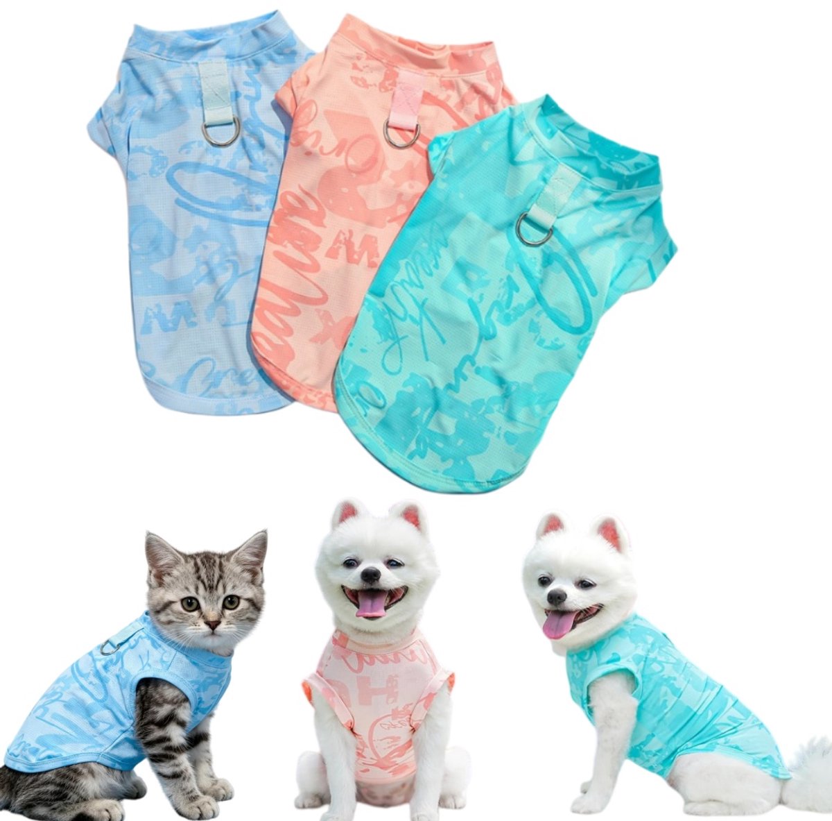 3 delig huisdiervest - Koelvest voor honden - Ademend meshvest - Zonbeschermende kleding voor katten - Zomervest voor huisdieren - Binnen en buitengebruik - Voor kleine katten, honden, bichons, teddyberen (40*30 cm - Diverse kleuren)