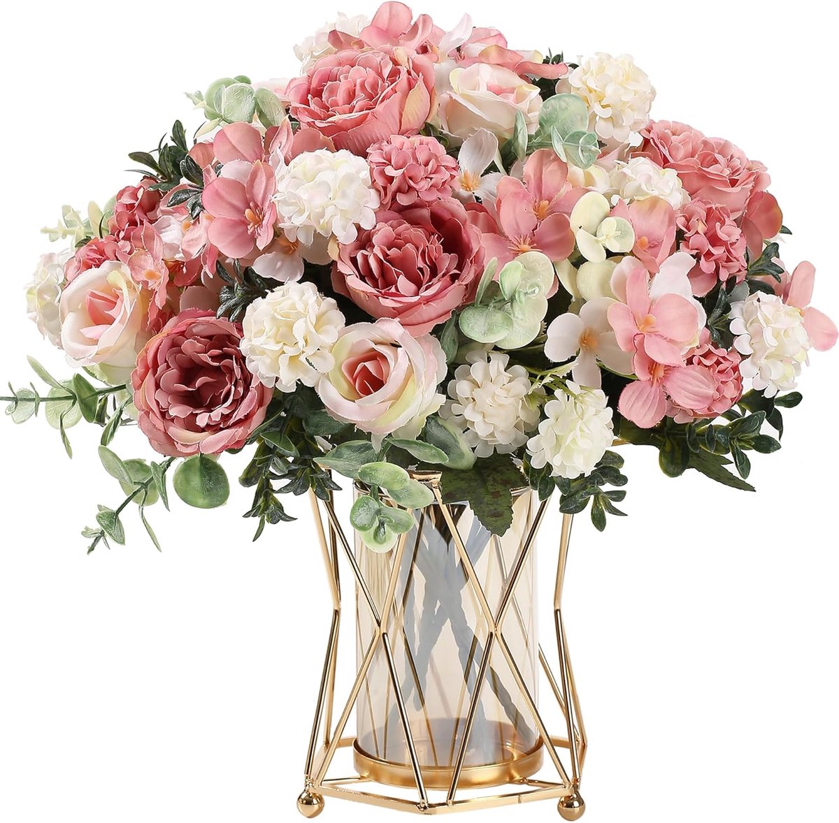 2 Bossen Kunstmatige Rozen Pioenen Roze Kunstbloemen, Nep Pioenen Faux Hortensia Zijden Bloemenboeket voor Thuis Bruiloft Feest Decoratie Arrangement
