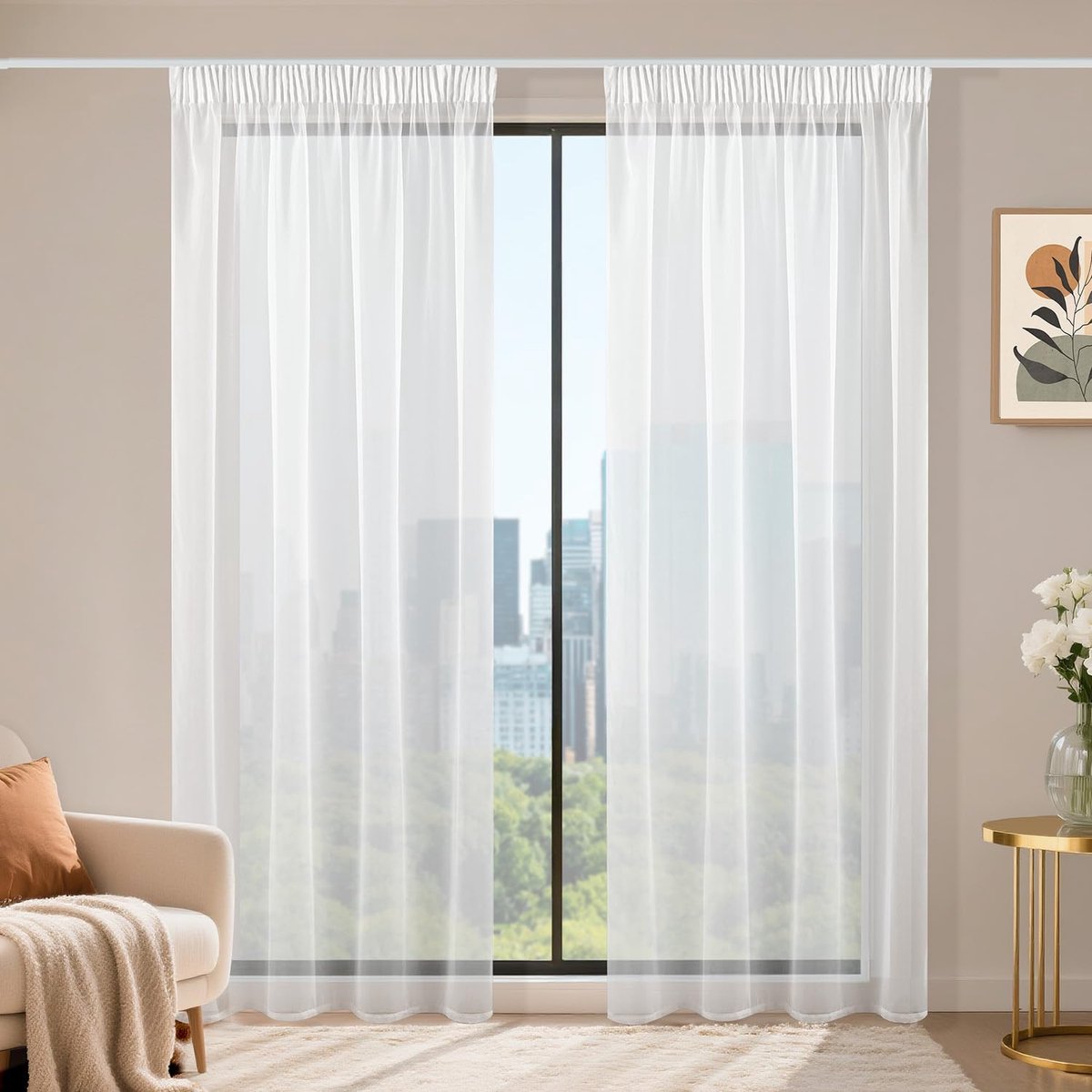 Gordijnen met plooiband, set van 2, voile schuifgordijnen, 220 x 140 cm (h x b), transparante gordijnen, gordijn wit, gordijnen voor woonkamer, slaapkamer