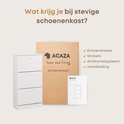 Meuble à chaussures blanc, boîte en carton ACAZA et manuel. Texte : "Que recevez-vous avec le meuble à chaussures robuste ?"