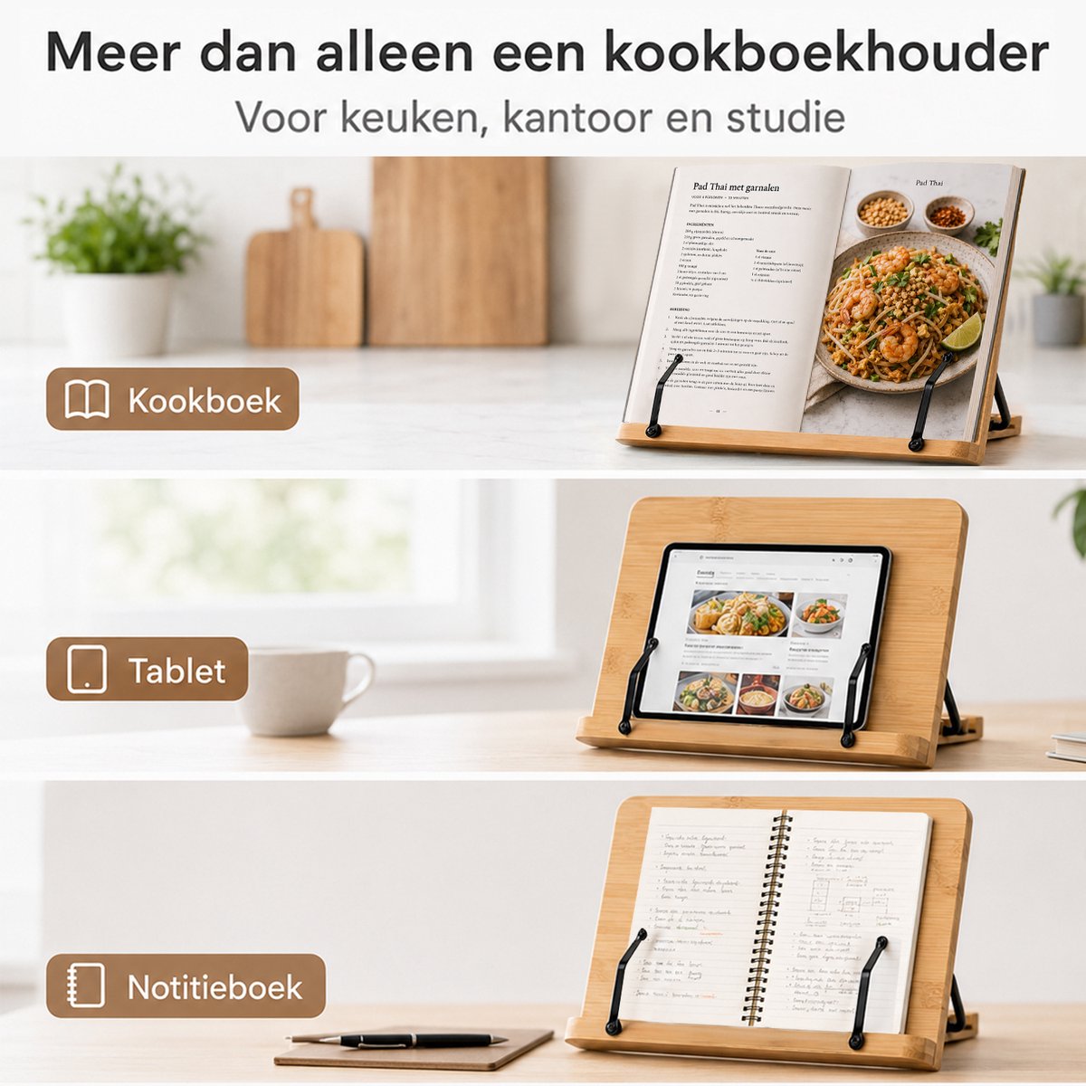 VITAMO™ Bamboe Kookboekstandaard - Boekenstandaard - Verstelbaar in 5 Standen - Bladzijdehouder - Geschikt voor Dikke Kookboeken - Inklapbaar - Tablet & iPad Houder - Receptenhouder — cadeau in Kookcadeaus - foto 4