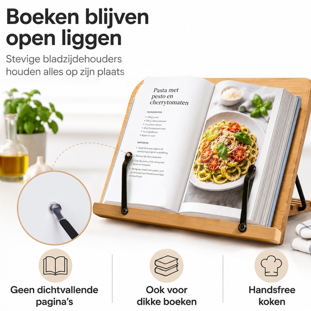 VITAMO™ Bamboe Kookboekstandaard - Boekenstandaard - Verstelbaar in 5 Standen - Bladzijdehouder - Geschikt voor Dikke Kookboeken - Inklapbaar - Tablet & iPad Houder - Receptenhouder — cadeau in Kookcadeaus - foto 2