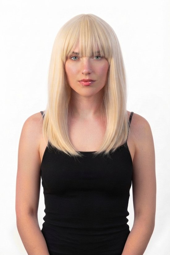 KIMU® Luxe Blonde Pruik Schouderlengte - Haarrwerk Stijl Pony - Lichtblond Geblond Asblond Geblondeerd Lady Gaga Festival