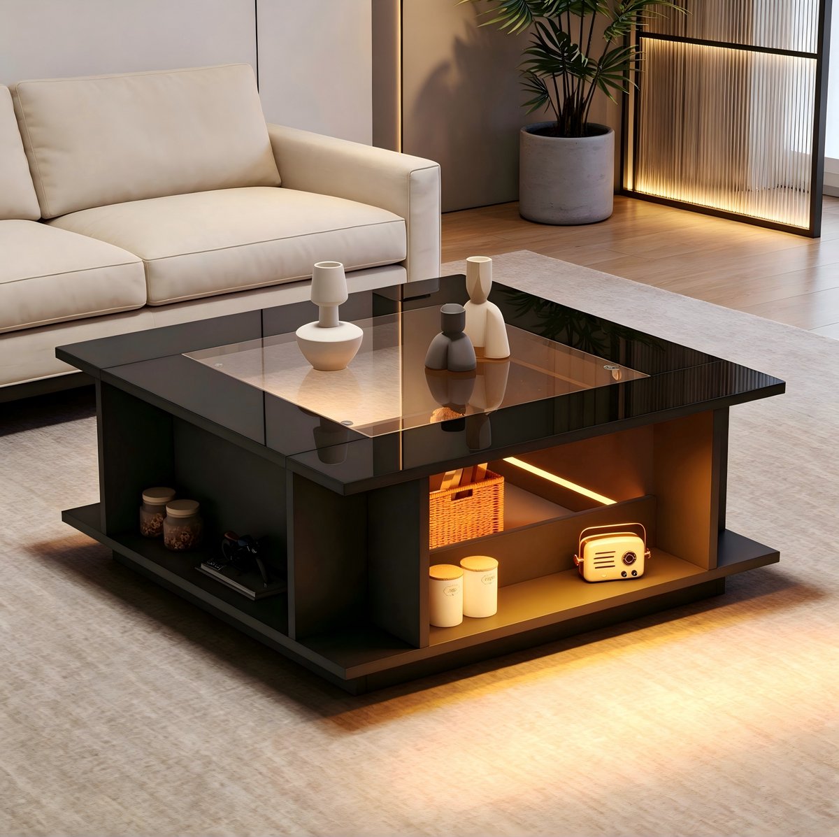 Salontafel 70x70x30 cm - vierkante koffietafel - glazen blad - met LED-verlichting - bijzettafel - banktafel - woonkamer tafel - zwart