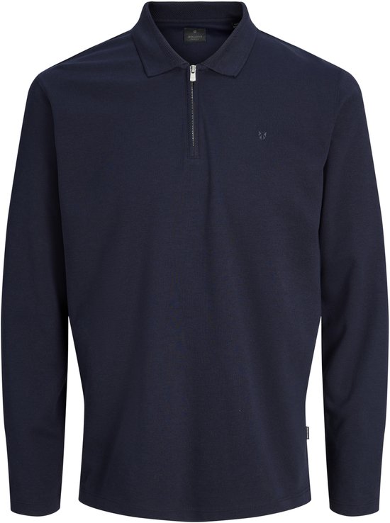 Donkerblauw poloshirt met lange mouwen, ritssluiting en geborduurd logo op de borst.