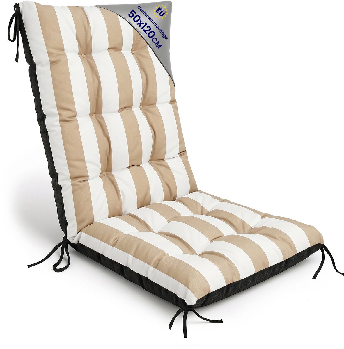 Tuinstoelkussens Hoge Rug 50x120 cm - Kussens voor Tuinstoelen & Standenstoel Terrasstoel Wit-beige strepen Stoelkussens Tuin Zitkussen Extra Dik 10 cm met Bindlinten