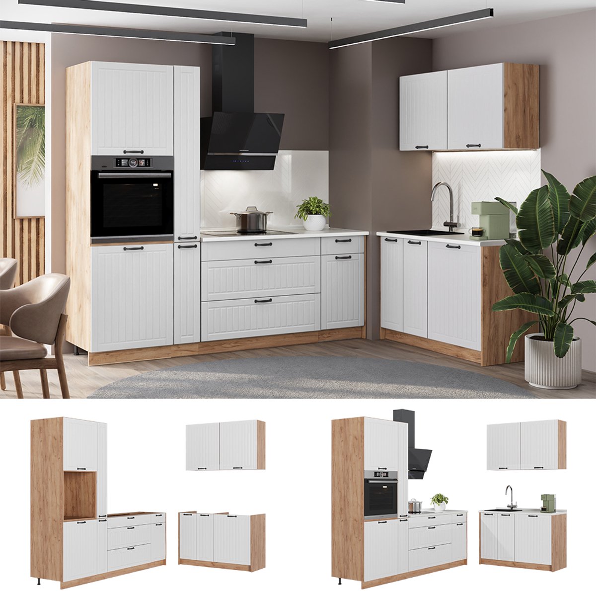 Vicco Keuken Fame-Line, Wit Landhuis/Goudkleurig Eiken, 220 x 120 cm, WB Antraciet