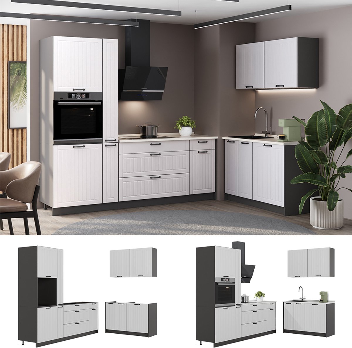 Vicco Keuken Fame-Line, Wit Landhuis/Antraciet, 220 x 120 cm zonder werkblad
