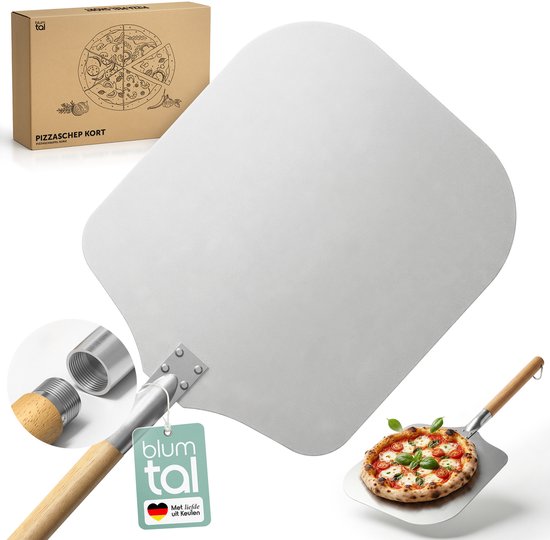 Aluminium pizzalift met houten handvat, met een kleine pizza in de hoek. Doos met schetsen.