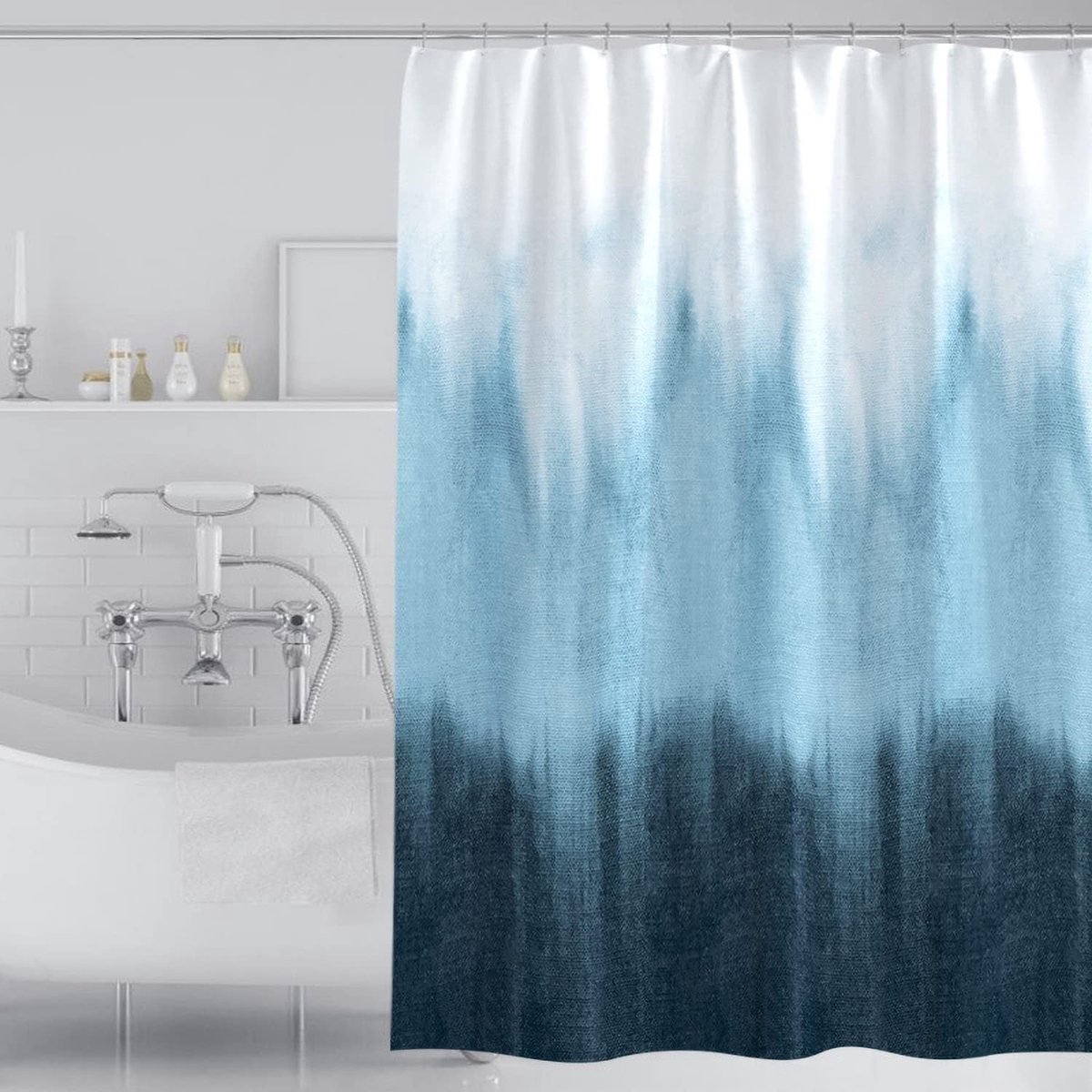Douchegordijn met kleurverloopprint - Gordijnen voor privacy - Badgordijnstof - Douchegordijn van polyester in blauw kleurverloop - met 12 badkamerhaken - 180 x 180 cm - Schimmelbestendig douchegordijn - gewicht douchegordijn