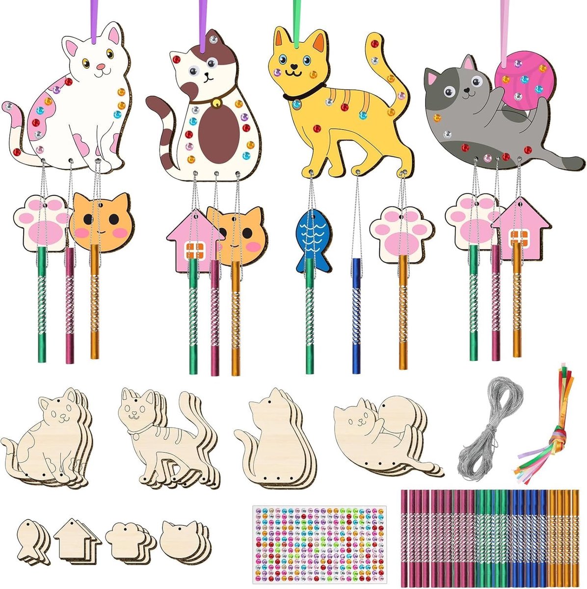 12 stuks windgong kit voor kinderen, kat maak je eigen houten windgong voor kinderen doe-het-zelf kleuren kat ornamenten handwerk voor feestbenodigdheden woondecoratie