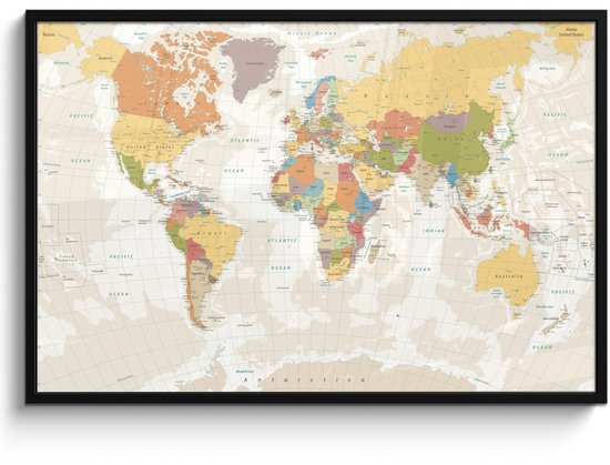 Poster in lijst - Fotolijst 120x80 cm - Posters - Wereldkaart - Retro - Kleuren - Educatief - Staatkundig - Posterlijst zwart - Decoratie - Wanddecoratie woonkamer - Muurdecoratie slaapkamer
