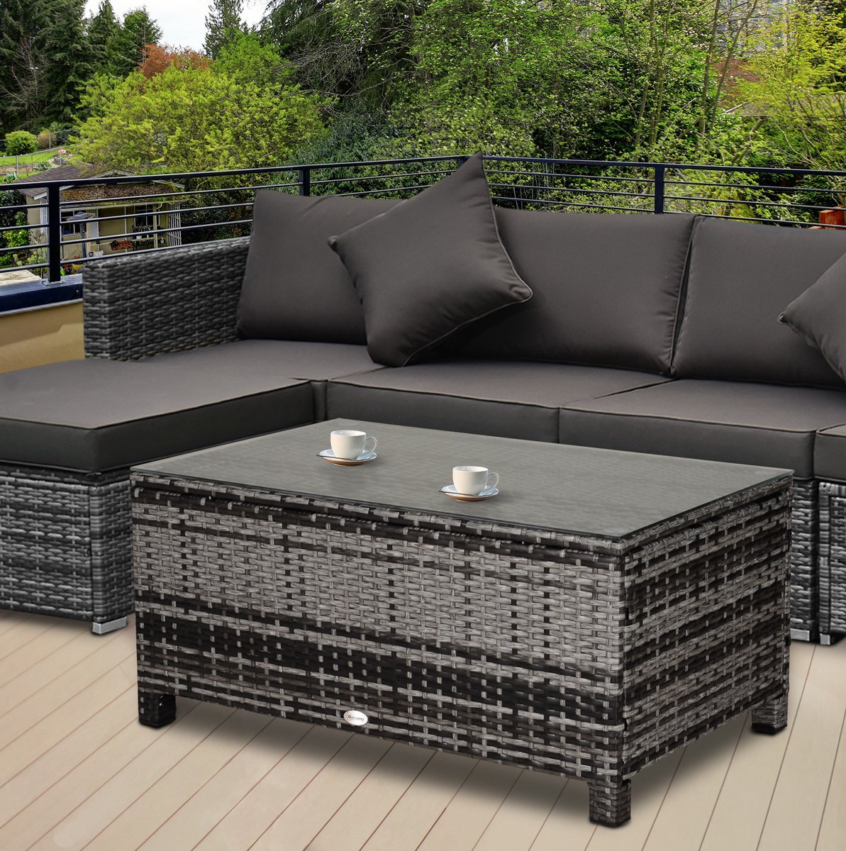 MEUNIQ tuintafel bijzettafel 85 x 50 x 39 cm met gehard glazen tafelblad en polyrattan vlechtwerk voor balkon en terras, rechthoekig, grijs