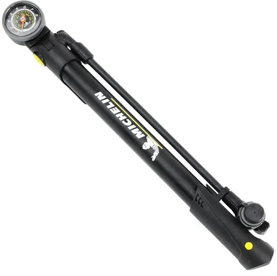 Zwarte Michelin fietspomp met ingebouwde analoge manometer voor bandenspanning.