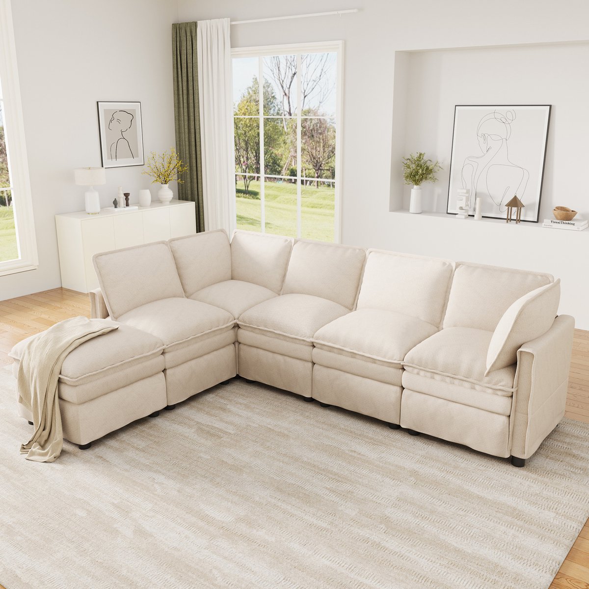 STILVORA U-Bank 344 x 127 cm - Modulaire Slaapbank Met Verplaatsbare Hocker - 6-Zits Voor Woonkamer En Kantoor - Chenille Beige