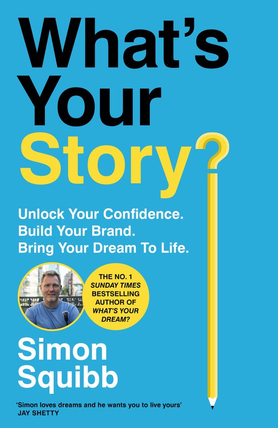 Boek kaft met de titel 'What's Your Story?' in grote letters. Een gele potlood vraagteken staat naast de titel.