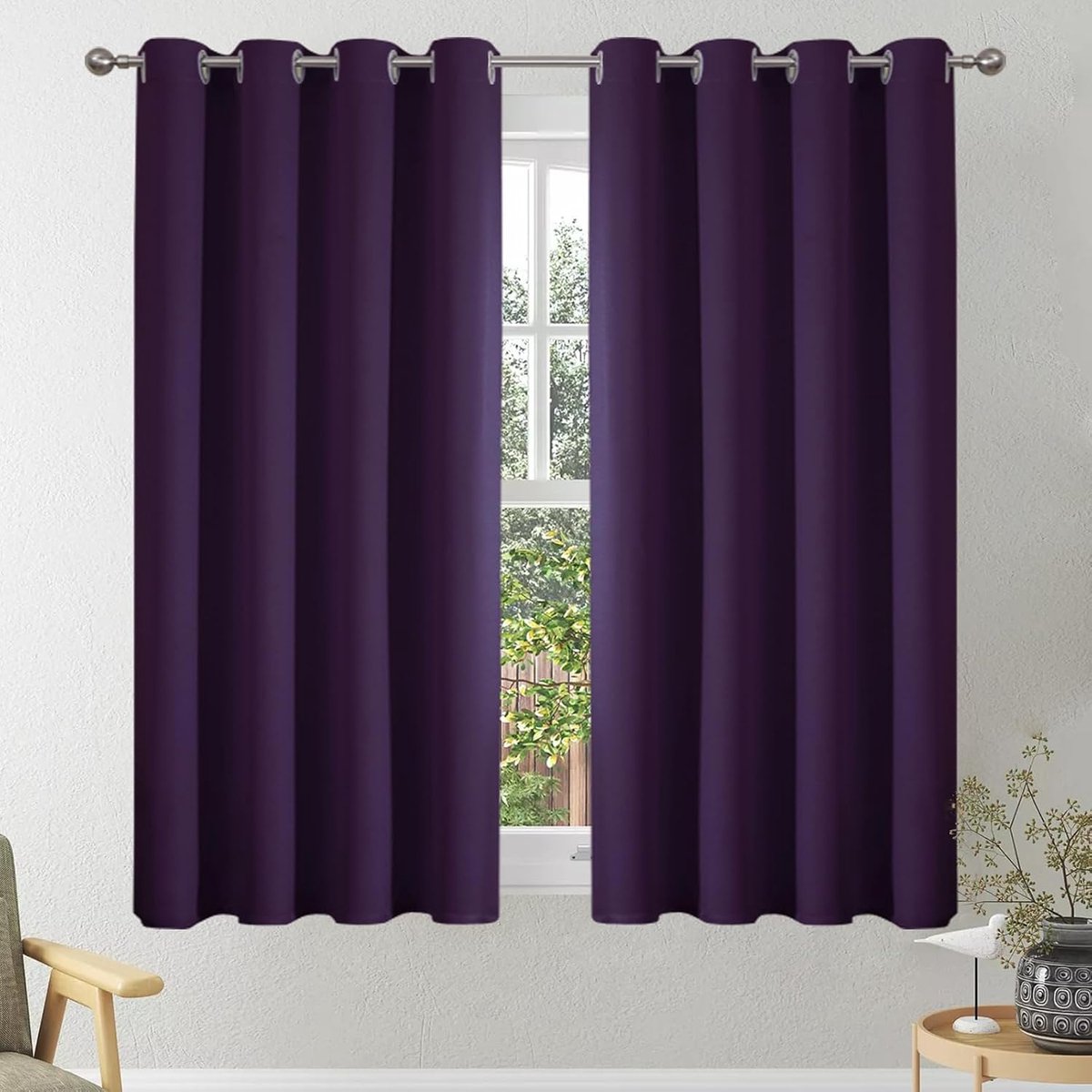 ondoorzichtig, dik gordijn met inslagringen, thermogordijn, koudebescherming, warme hittebescherming, gordijnen met ringen, woonkamer, 137 x 117 cm (h x b), paars, set