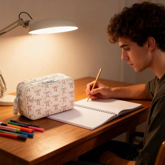 etui met 3 vakken voor meisjes, school, schrijfwaren, grote capaciteit met ritssluiting, effen, mooi schrijfwaren, roze strik voor kinderen (22 x 8 x 13 cm) — afbeelding 4