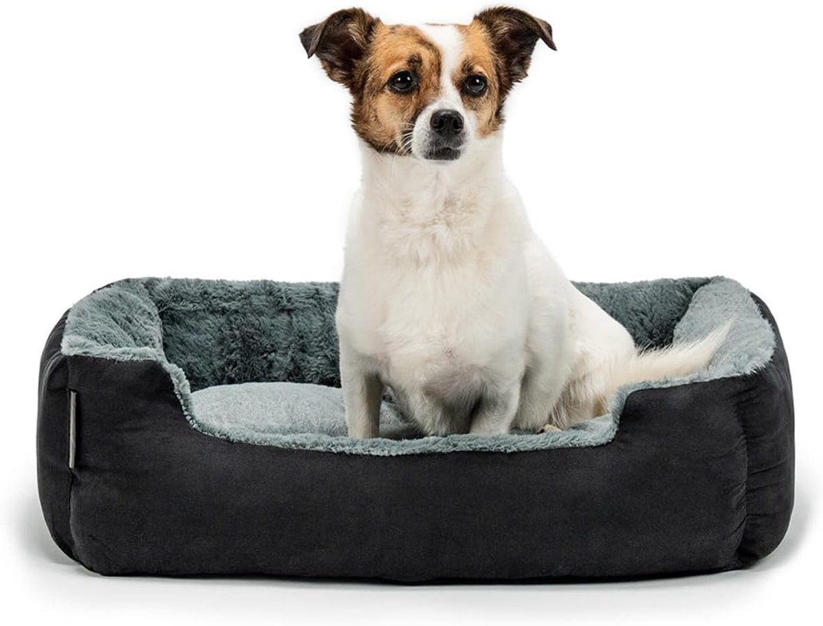 lionto Hondenbed met wendbaar kussen en antislip onderkant, stevig huisdierkussen met lage instap, 60x48 cm, knuffelzacht hondenkussen, zwart/grijs