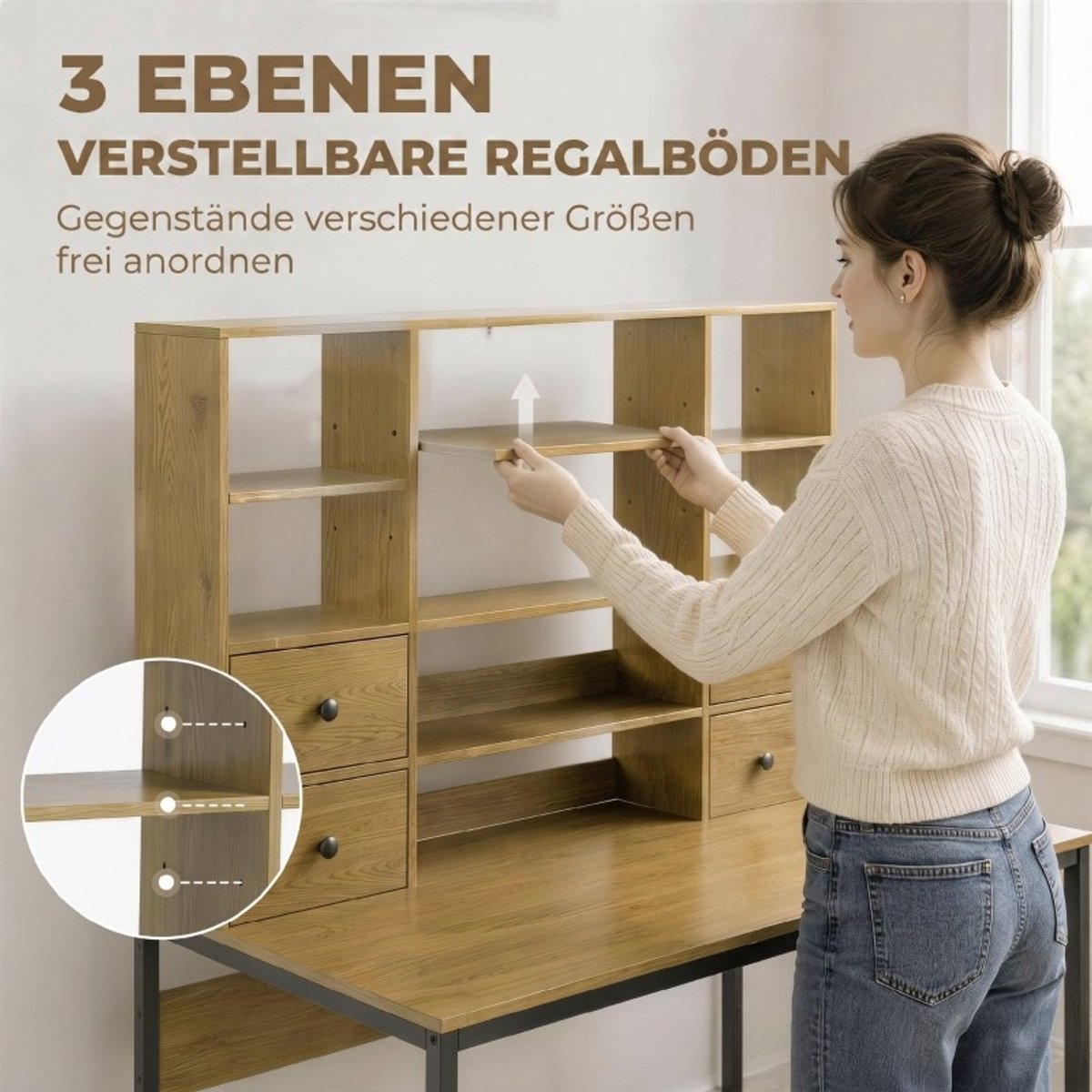 YYchan computerbureau - houtkleur - 105 x 60 x 142 cm - met lade - met opbergruimte