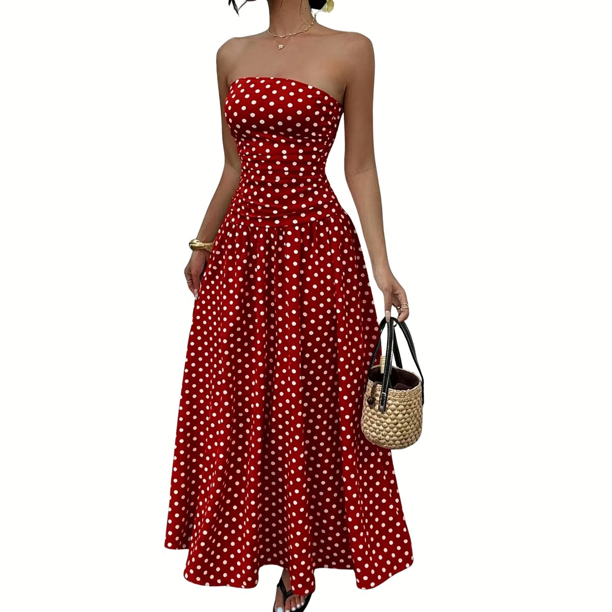 Currero Jurk Met Polkadots Stippen Zomerjurk Dames Zomerjurken Midi Jurk Volwassenen Ibiza Stijl Sundress Dress S Rood