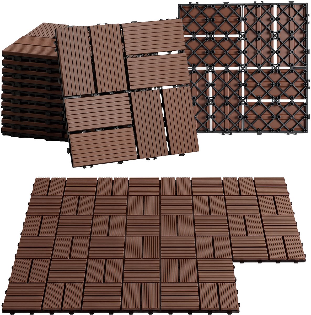 Terrastegels, 88 stuks, kliktegels met houtlook, WPC-tegel, 30 x 30 cm, Bruin